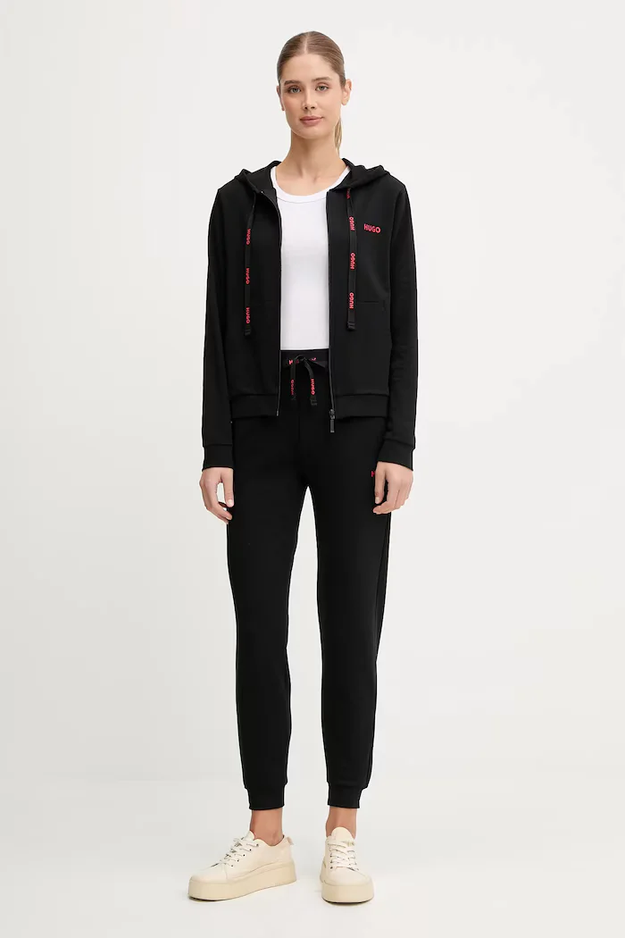 HUGO суичър с цип и качулка дамски с памук ID_JACKET черен 50556350
