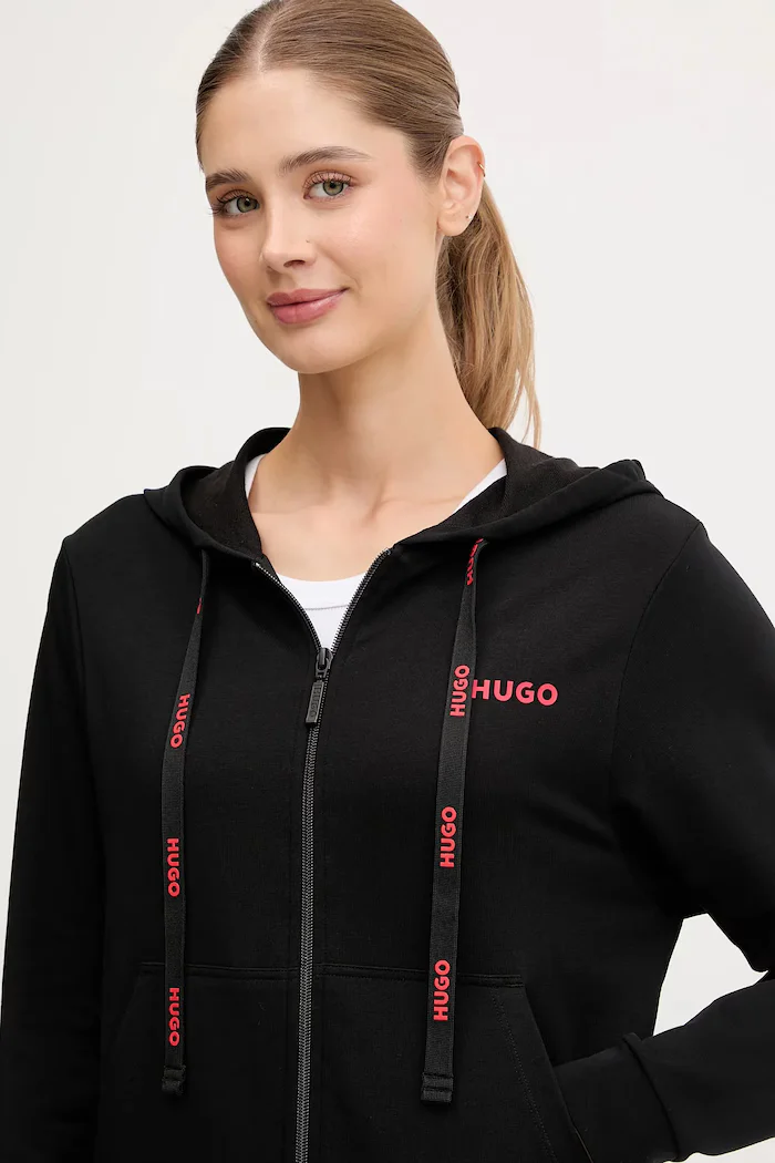 HUGO суичър с цип и качулка дамски с памук ID_JACKET черен 50556350