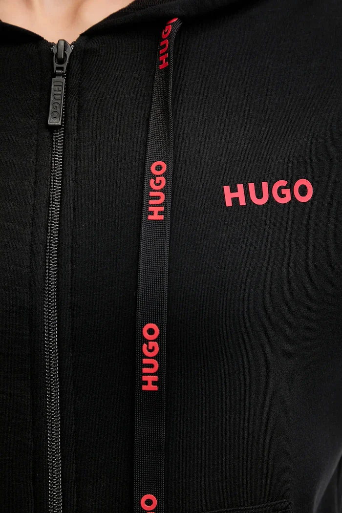 HUGO суичър с цип и качулка дамски с памук ID_JACKET черен 50556350