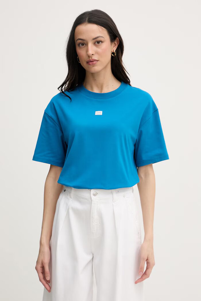 HUGO уголемена тениска дамска с модал SIGNATURE_TSHIRT синя 50556807