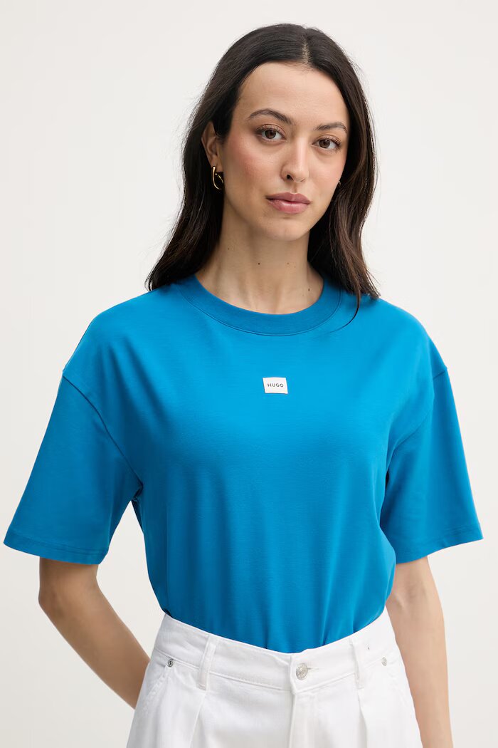 HUGO уголемена тениска дамска с модал SIGNATURE_TSHIRT синя 50556807