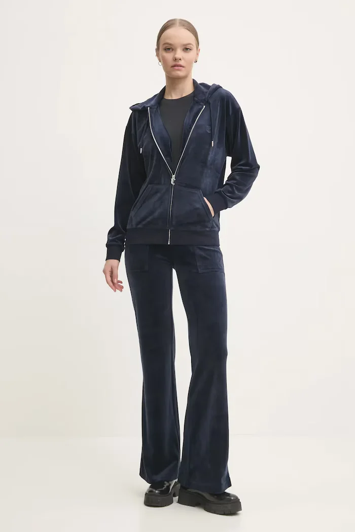 Juicy Couture Кадифен спортен панталон LAYLA POCKET LR в тъмносиньо с изчистен дизайн JCSEBJ001