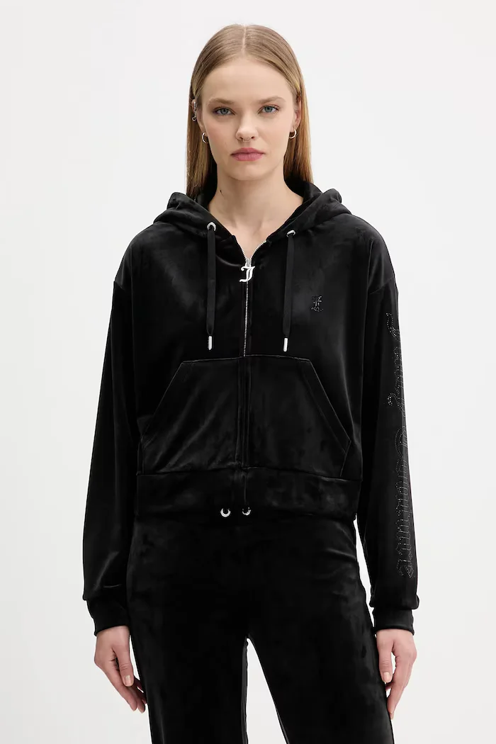 Juicy Couture Кадифен суичър в черно с качулка с изчистен дизайн JCWAS225310