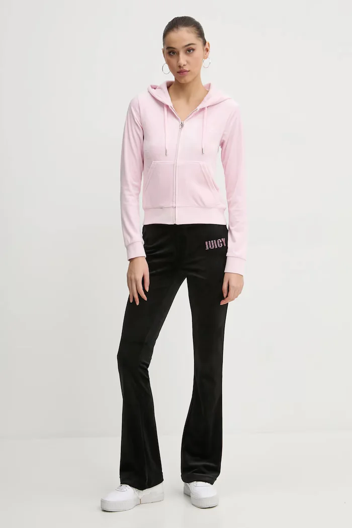 Juicy Couture Кадифен суичър в розово с качулка с десен JCWAS125302