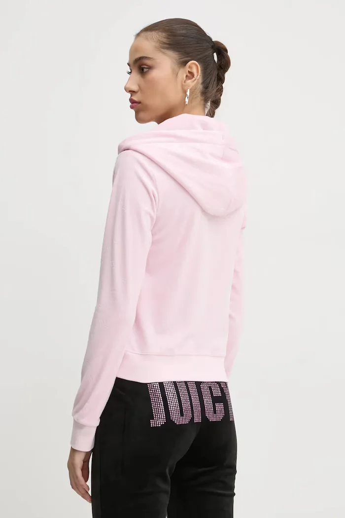 Juicy Couture Кадифен суичър в розово с качулка с десен JCWAS125302