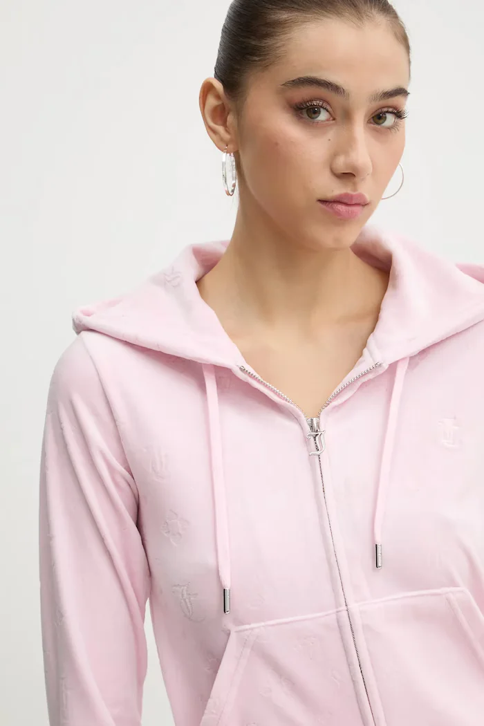 Juicy Couture Кадифен суичър в розово с качулка с десен JCWAS125302