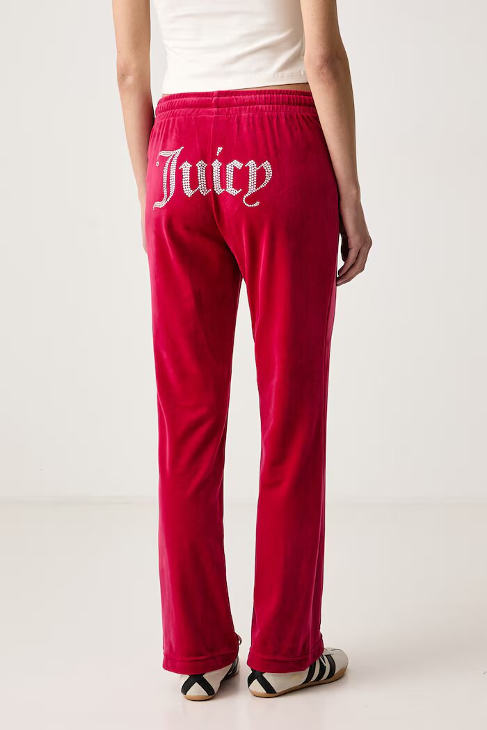 Juicy Couture разкроен панталон дамски от кадифе TINA TRACK PANT червен с ниска талия JCAPW045