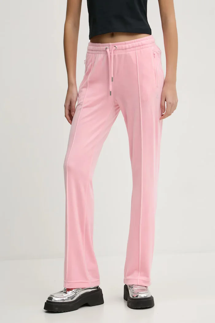 Juicy Couture разкроен панталон дамски от кадифе TINA TRACK PANT розов с ниска талия JCAPW045
