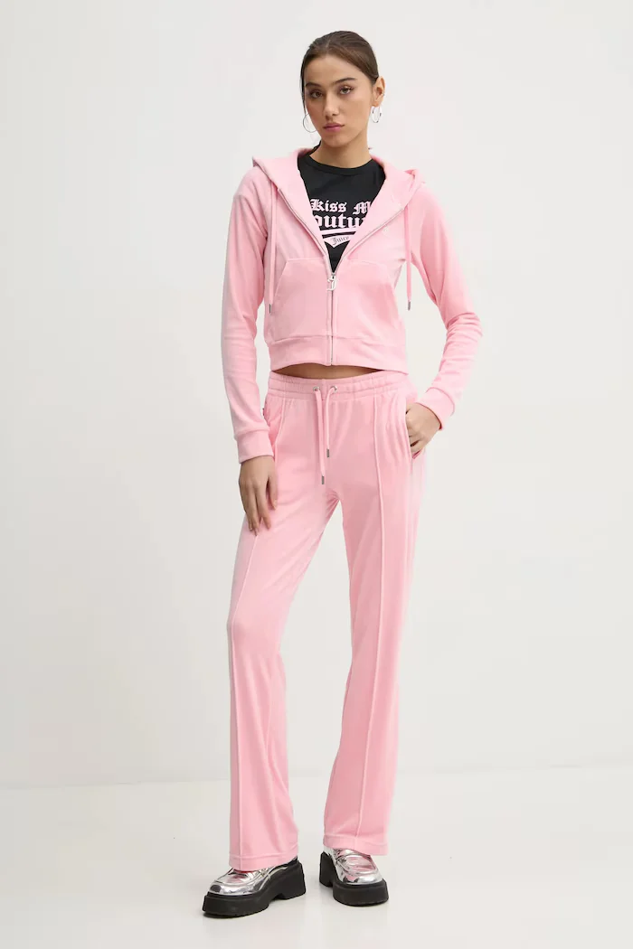 Juicy Couture разкроен панталон дамски от кадифе TINA TRACK PANT розов с ниска талия JCAPW045
