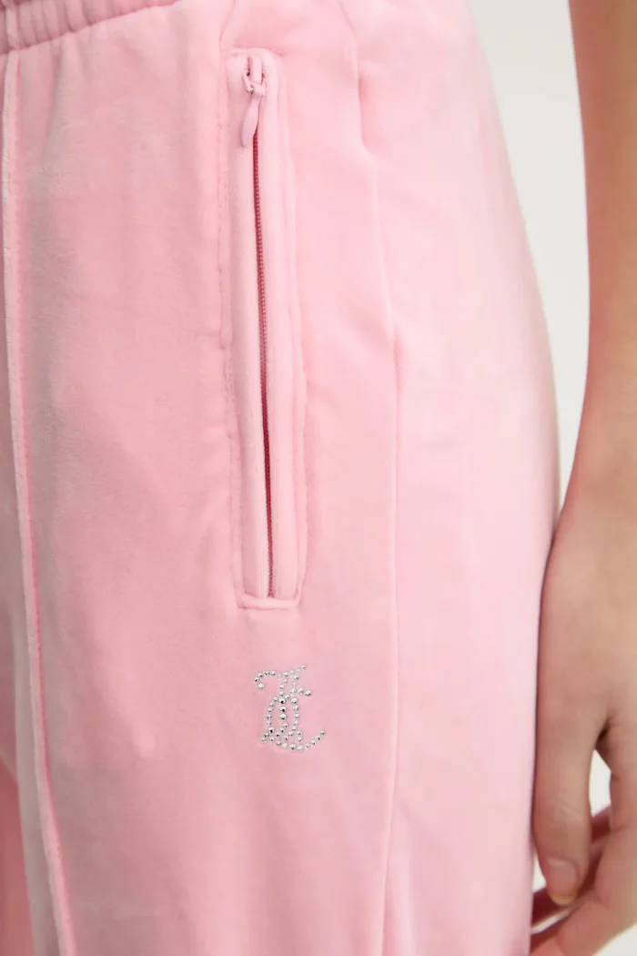 Juicy Couture разкроен панталон дамски от кадифе TINA TRACK PANT розов с ниска талия JCAPW045