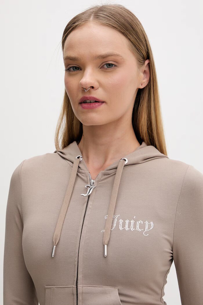 Juicy Couture суичър с цип дамски с памук OOLA HOODIE кафяв JCWAS126306