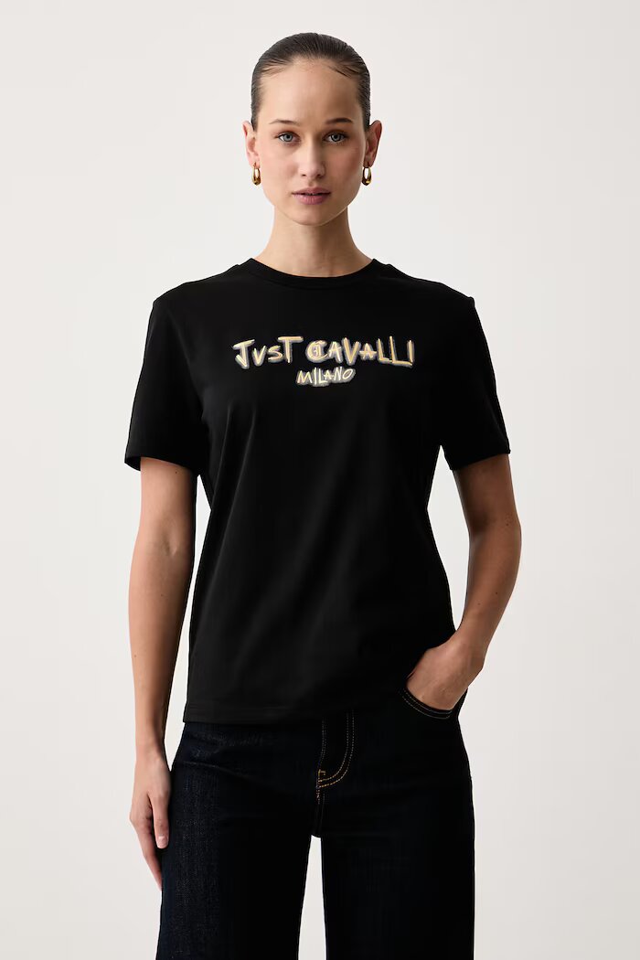 JUST CAVALLI тениска дамска от памук черна 81PAHF02 CJ800