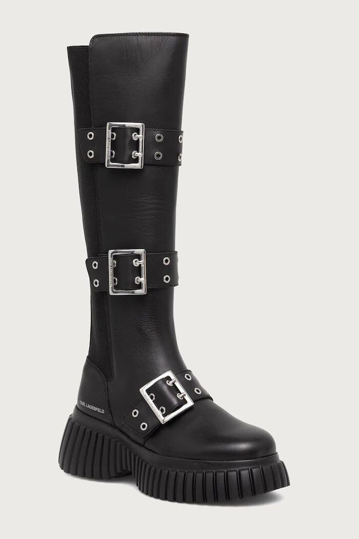Karl Lagerfeld ботуши под коляното дамски от кожа Kreeper черни KL44490