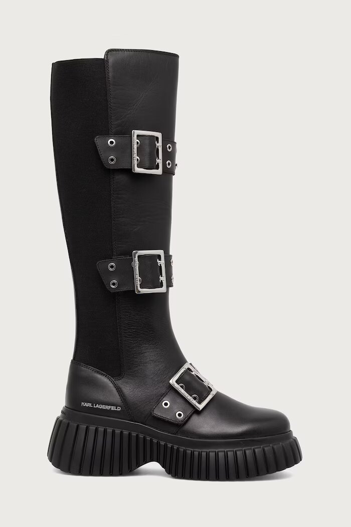 Karl Lagerfeld ботуши под коляното дамски от кожа Kreeper черни KL44490