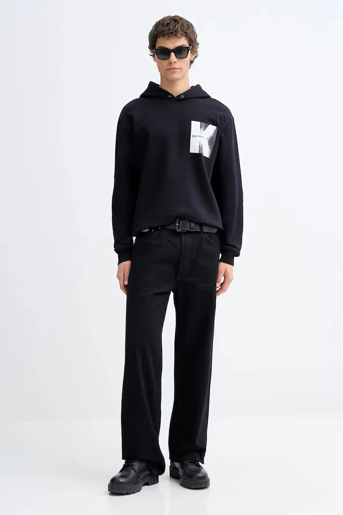 KARL LAGERFELD JEANS Памучен суичър мъжки в черно с качулка с принт B1M20053