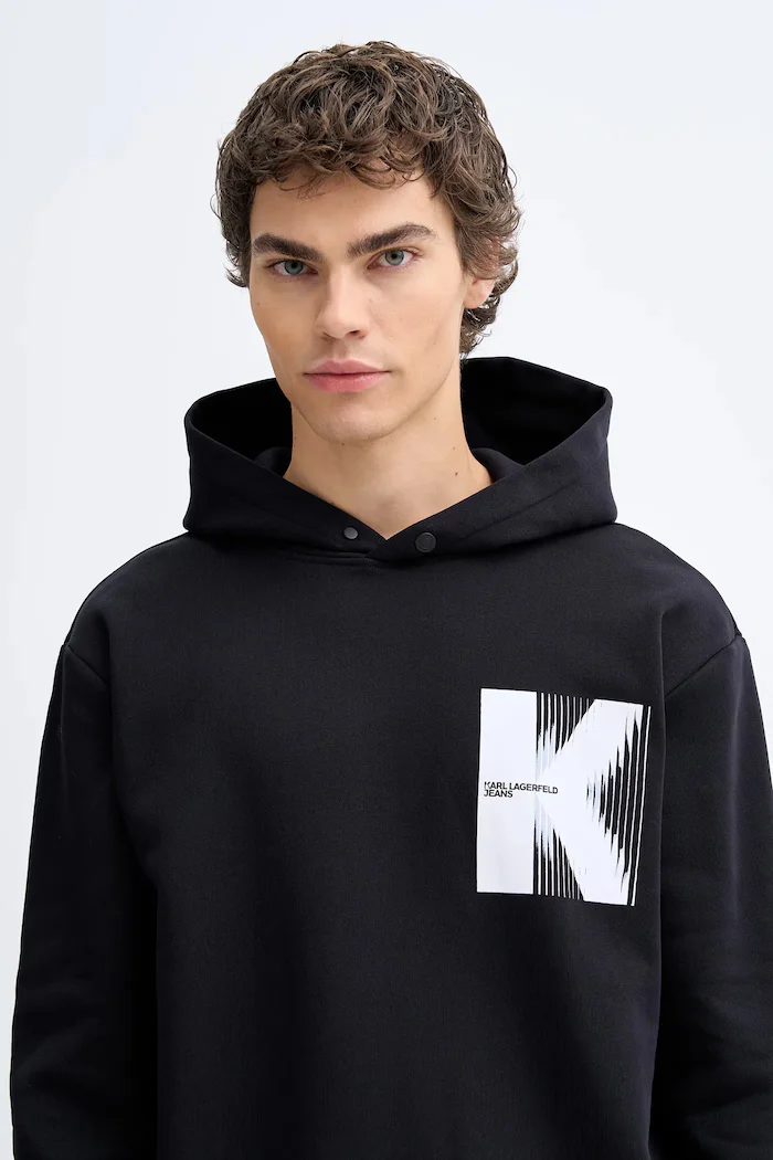 KARL LAGERFELD JEANS Памучен суичър мъжки в черно с качулка с принт B1M20053