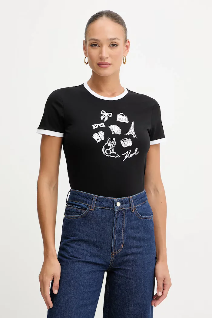 Karl Lagerfeld Памучна тениска дамска в черно B1W17027