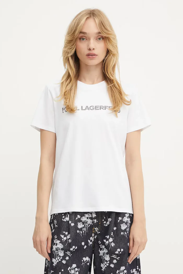 Karl Lagerfeld Памучна тениска ELONGATED LOGO дамска в бяло A3W17102