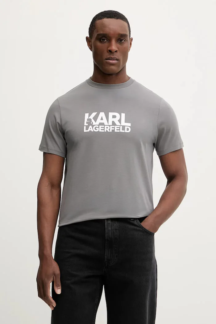 Karl Lagerfeld Памучна тениска в сиво с принт 561235.755780