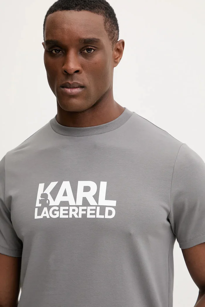 Karl Lagerfeld Памучна тениска в сиво с принт 561235.755780