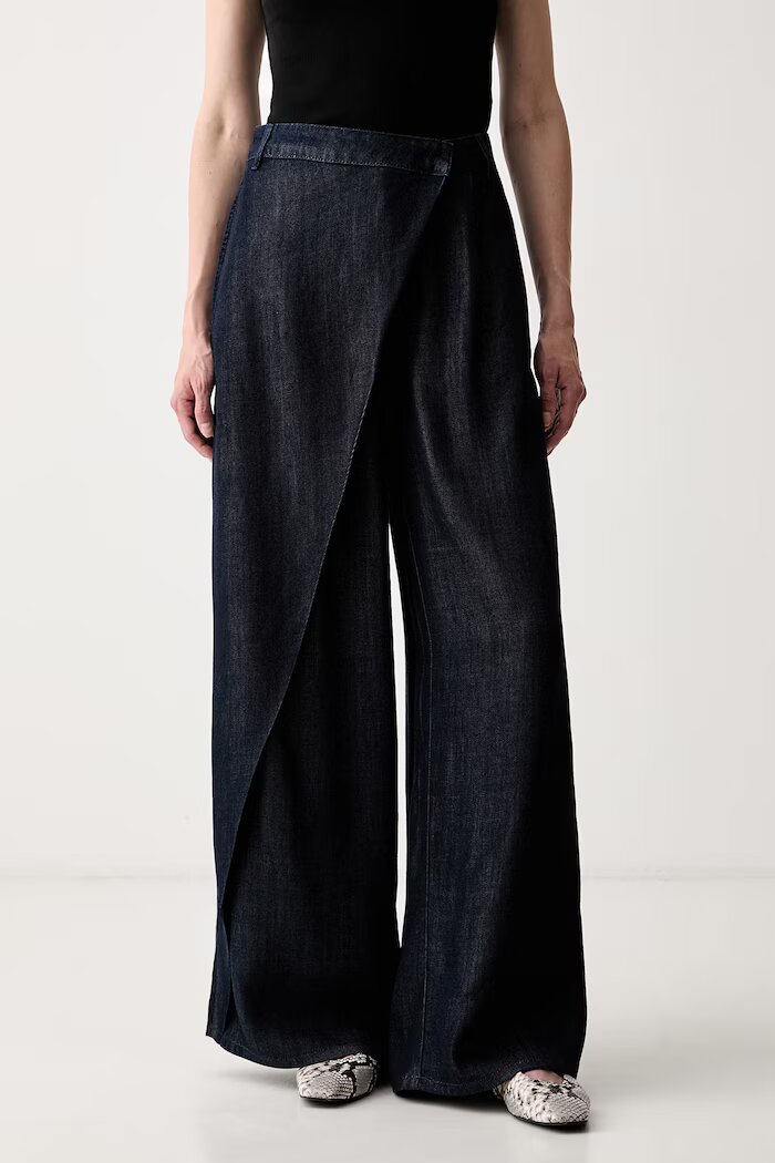 Karl Lagerfeld панталон дамски от лиосел тъмносин с висока талия B3W10095