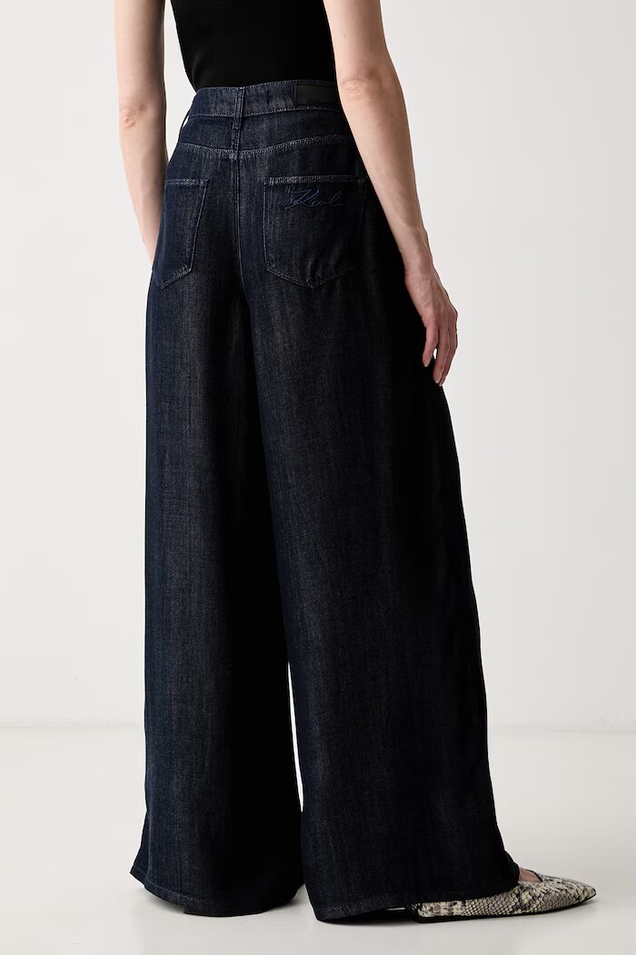Karl Lagerfeld панталон дамски от лиосел тъмносин с висока талия B3W10095