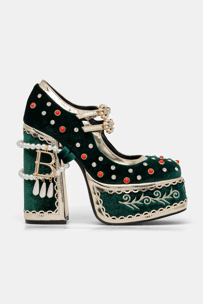 Koi Footwear Обувки с дебел ток в зелено DPK80 Boleyn’s Revenge Bejewelled Velvet