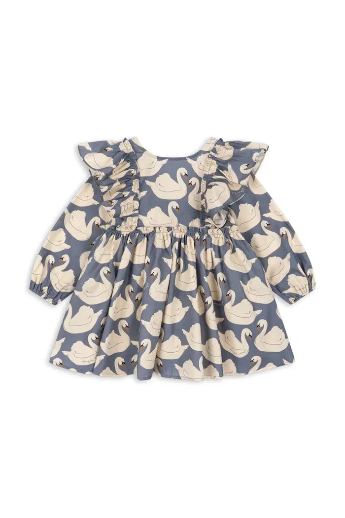 Konges Sløjd разкроена рокля от памук EVIA LS BOW DRESS GOTS синя с щампа KS105988