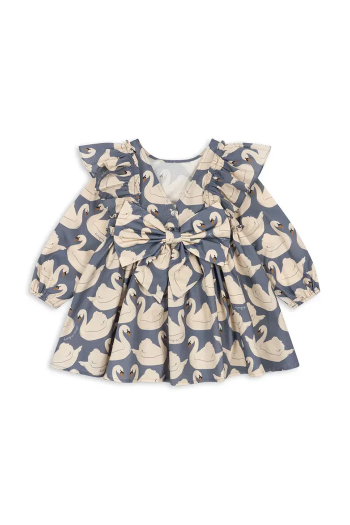 Konges Sløjd разкроена рокля от памук EVIA LS BOW DRESS GOTS синя с щампа KS105988