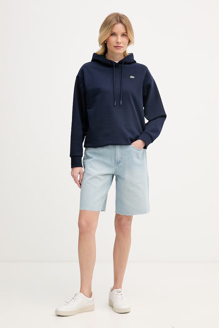 Lacoste суичър с качулка дамски от памук тъмносин SF7612