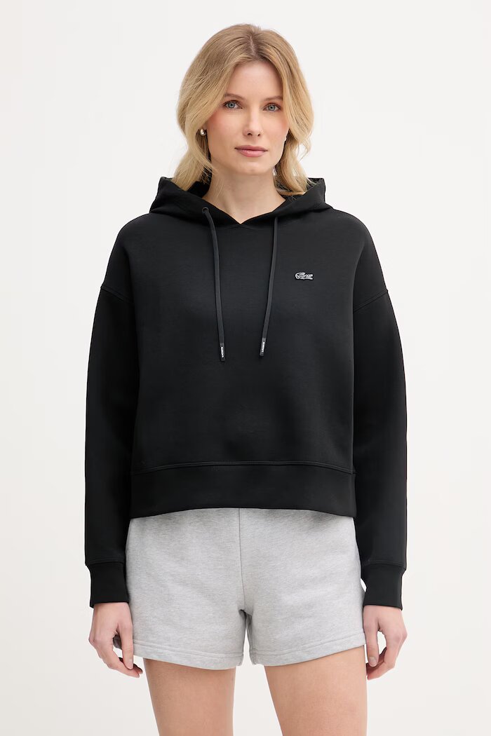 Lacoste суичър с качулка дамски с памук черен SF0048