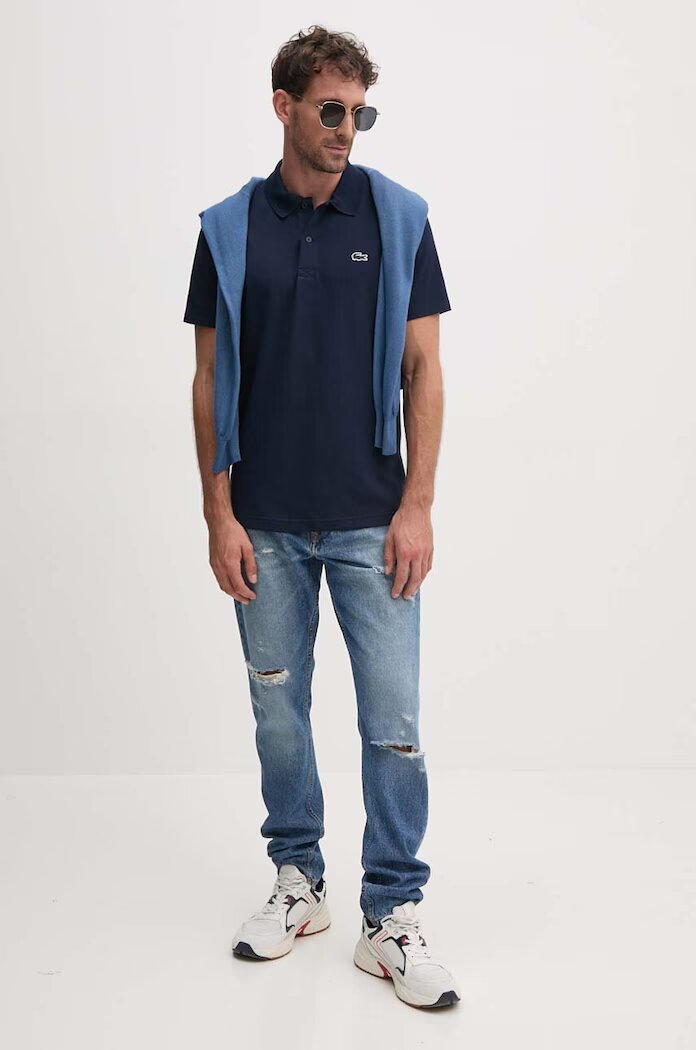 Lacoste тениска с яка мъжка с памук тъмносиня DH5522