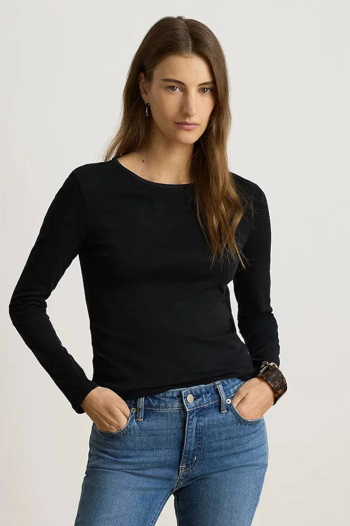 Lauren Ralph Lauren блуза с дълги ръкави дамска с памук черна 200680399