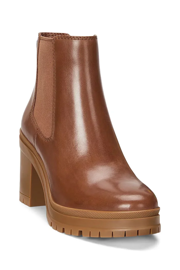 Lauren Ralph Lauren Кожени боти челси Cailie в кафяво с дебел ток 802937825002