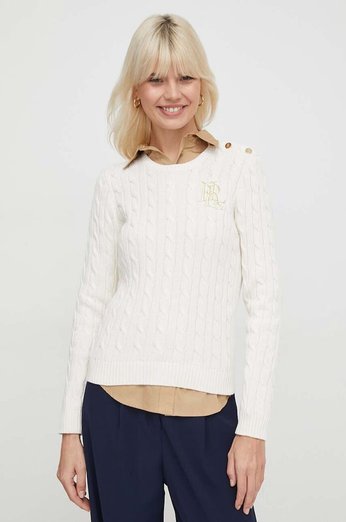 Lauren Ralph Lauren Памучен пуловер Lauren Ralph в бежово 200932223