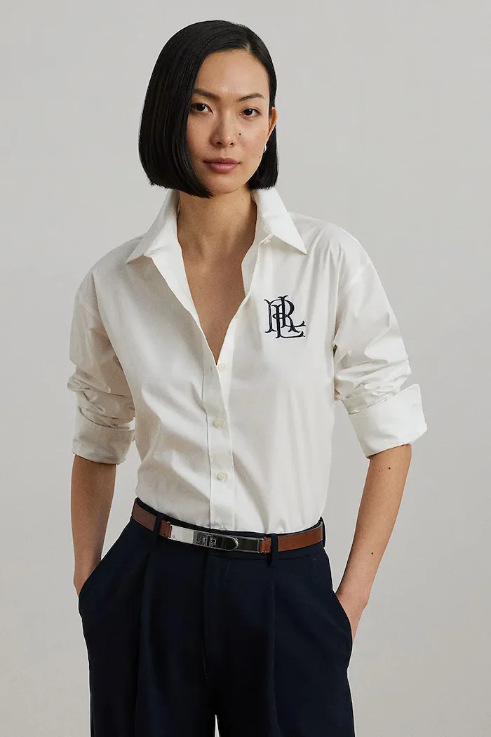 Lauren Ralph Lauren Памучна риза дамска в бяло със свободна кройка с класическа яка 200932538