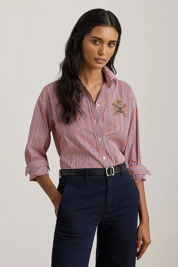Lauren Ralph Lauren Памучна риза дамска в оранжево със стандартна кройка с класическа яка 200P03512