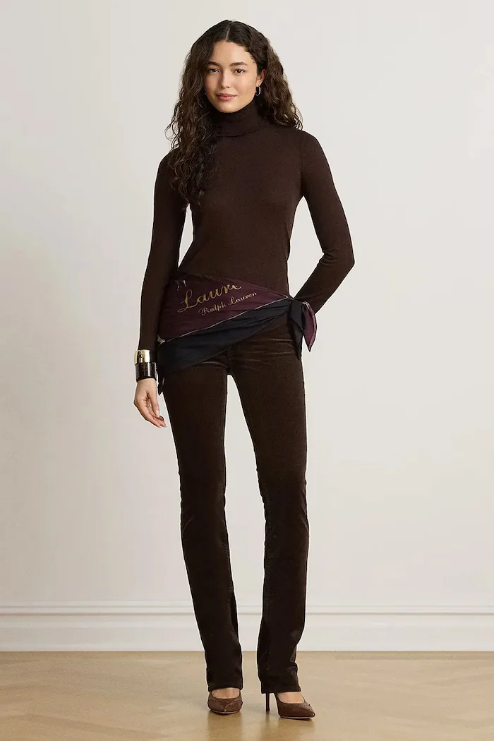 Lauren Ralph Lauren панталон дамски от джинс кафяв с висока талия 200B27754