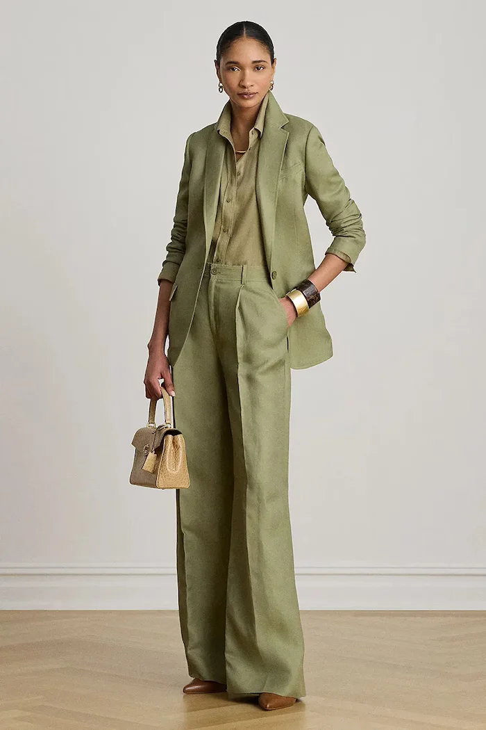 Lauren Ralph Lauren панталон palazzo дамски с лен зелен с висока талия 200P13458