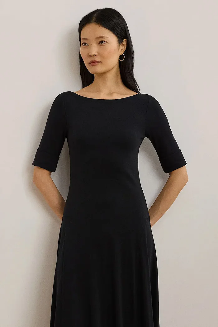 Lauren Ralph Lauren разкроена рокля с памук черна 200973599