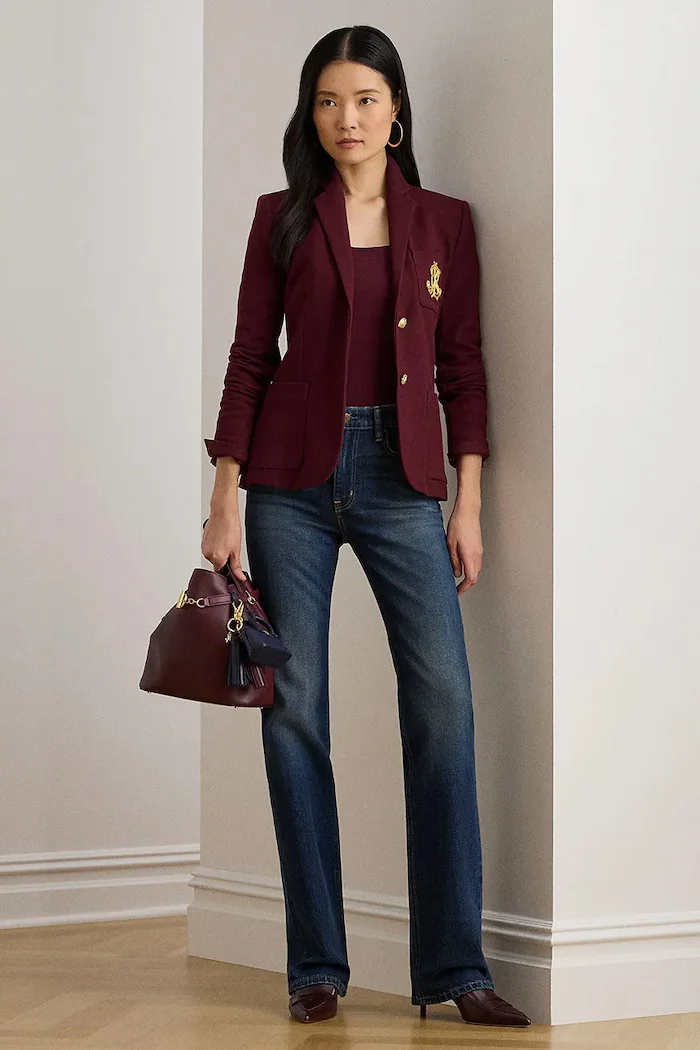 Lauren Ralph Lauren сако с едноредно закопчаване дамско от памук с еластан бордо 200797305