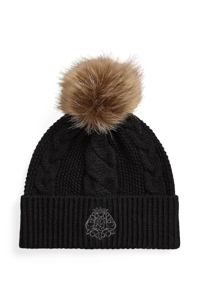 Lauren Ralph Lauren шапка с помпон дамска от вълнена материя черна 454P23502
