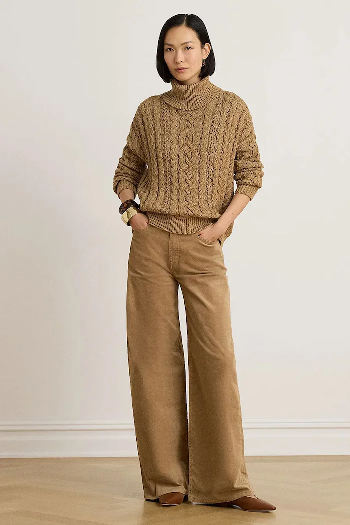 Lauren Ralph Lauren широк панталон дамски с кашмир кафяв с висока талия 200B34256