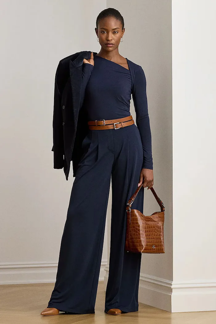 Lauren Ralph Lauren широк панталон дамски тъмносин с висока талия 200980217