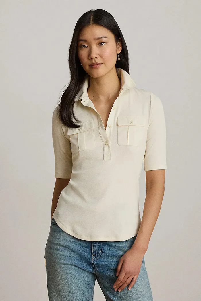 Lauren Ralph Lauren тениска с яка дамска с памук бежова 200P13906