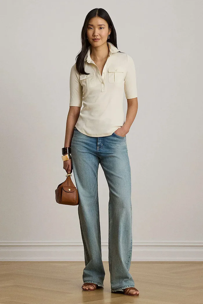 Lauren Ralph Lauren тениска с яка дамска с памук бежова 200P13906