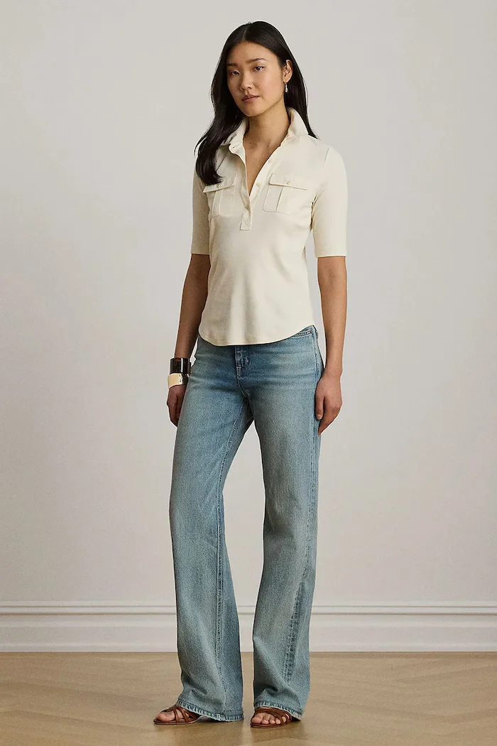 Lauren Ralph Lauren тениска с яка дамска с памук бежова 200P13906