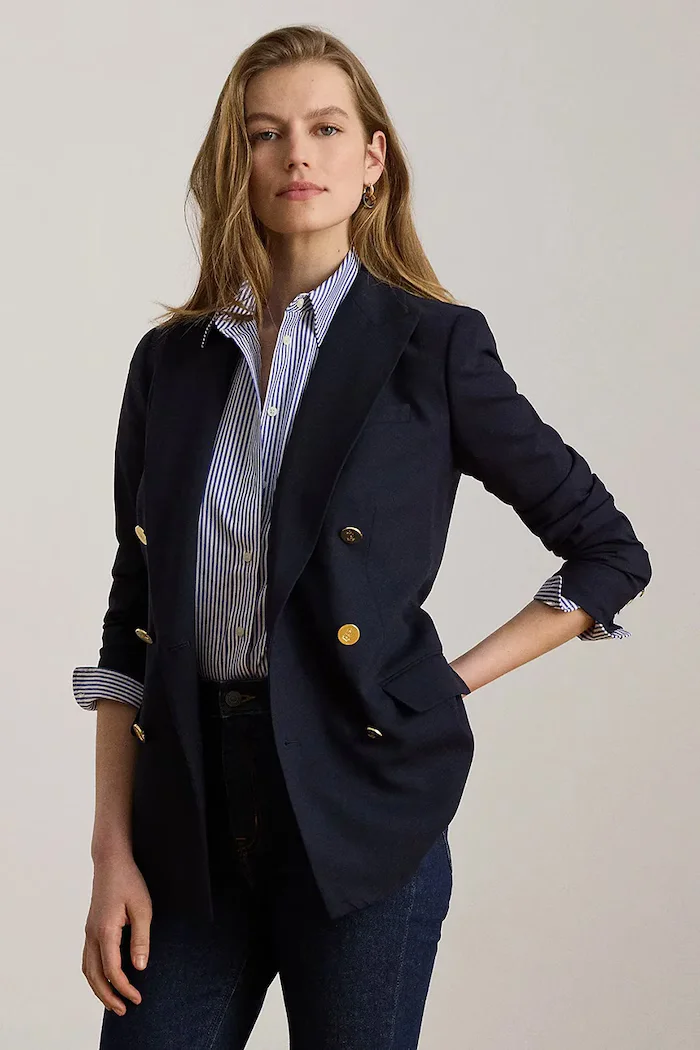 Lauren Ralph Lauren Вълнено сако в тъмносиньо с двуредно закопчаване с изчистен дизайн
