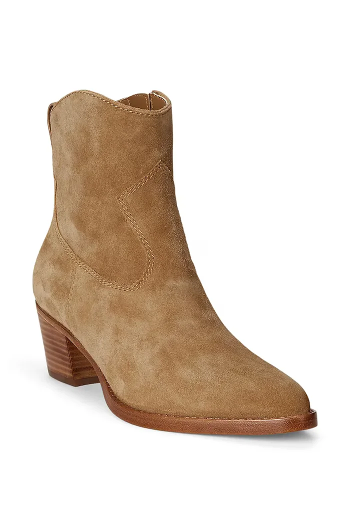 Lauren Ralph Lauren Велурени боти Harpher в кафяво с дебел ток 802974389001