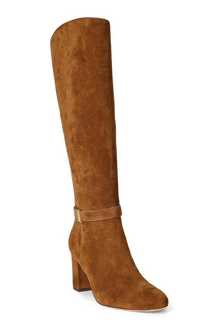 Lauren Ralph Lauren Велурени ботуши Kellie Tl Hl в кафяво с дебел ток 802967843002